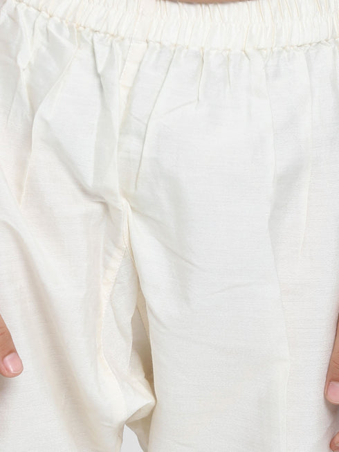 Boy's Beige Woven Jacket With Cream Kurta And Pyjama Set